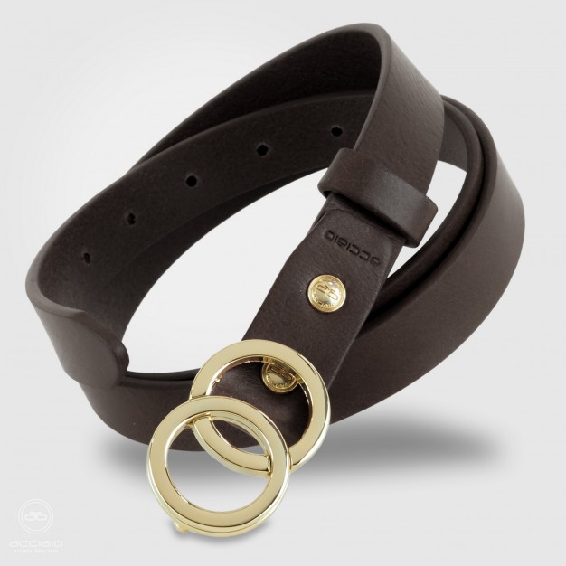 Skinny woman belt Eclipse Gold buckle leather Brown