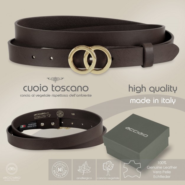 Skinny woman belt Eclipse Gold buckle leather Brown