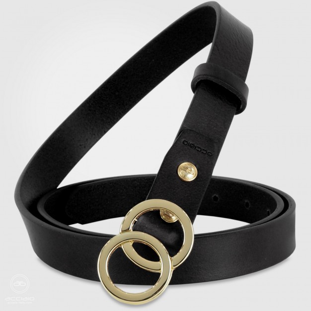 Skinny woman belt Eclipse Gold buckle leather Black