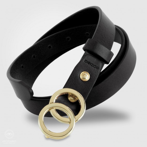Skinny woman belt Eclipse Gold buckle leather Black