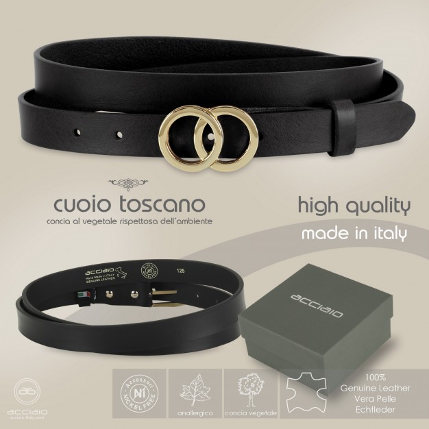 Skinny woman belt Eclipse Gold buckle leather Black