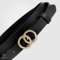Women's thin belt, Eclipse Gold buckle leather Black