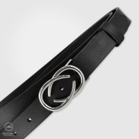 Women's thin belt, Infinity Palladium buckle leather Black