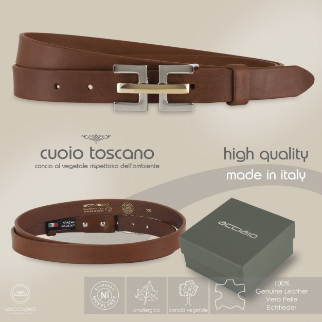 Women's thin fashion belt, leather Chestnut/Brown