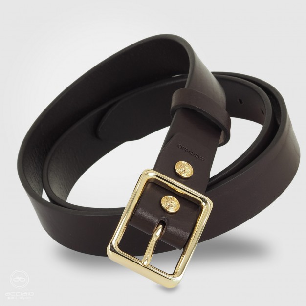 Cintura donna in cuoio liscio Marrone fibbia Oro Lucido