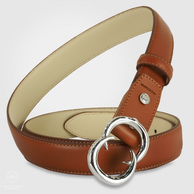 Woman belt Cognac leather Gemini Palladium buckle