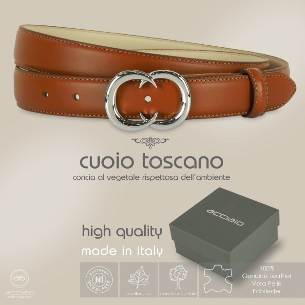 Woman belt Cognac leather Gemini Palladium buckle