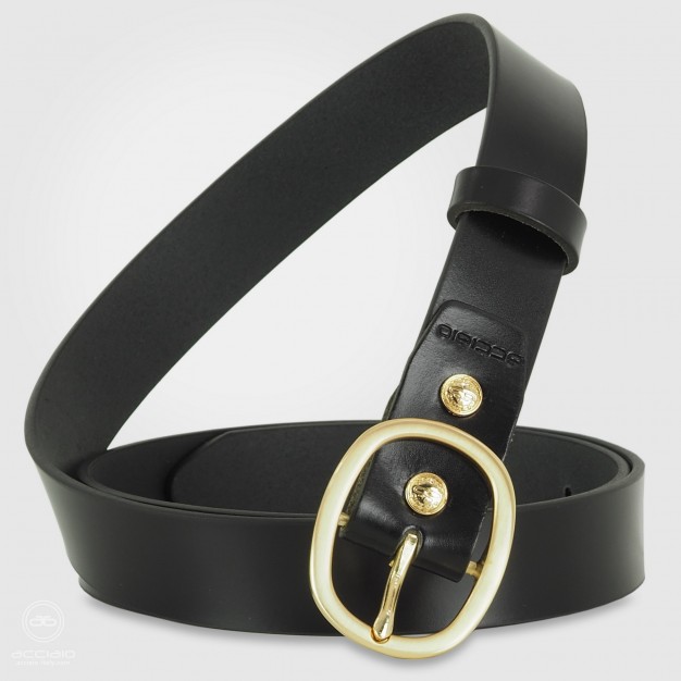 Cintura Nera donna in cuoio liscio, fibbia Oro ovale