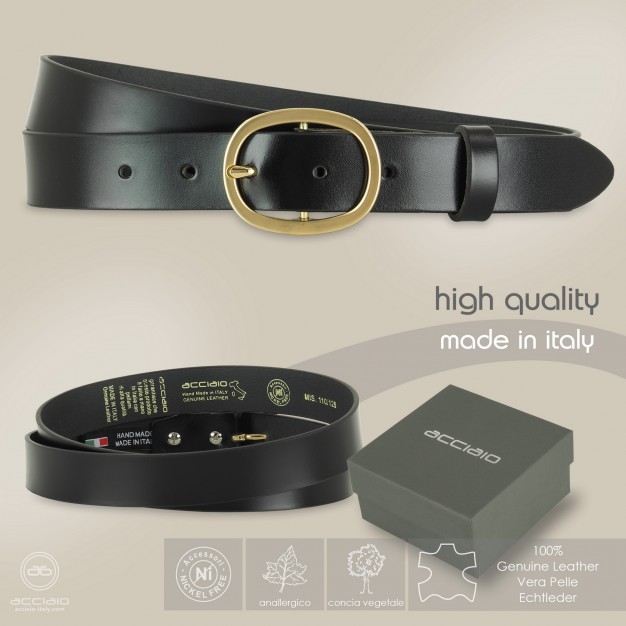 Cintura Nera donna in cuoio liscio, fibbia Oro ovale