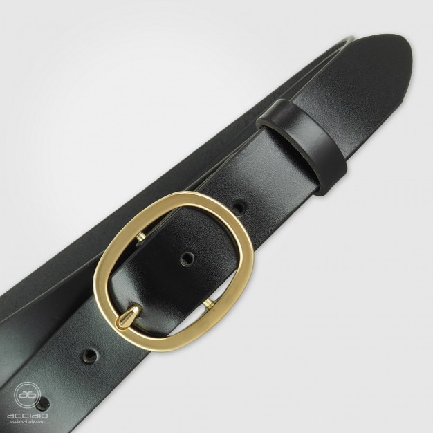 Cintura Nera donna in cuoio liscio, fibbia Oro ovale