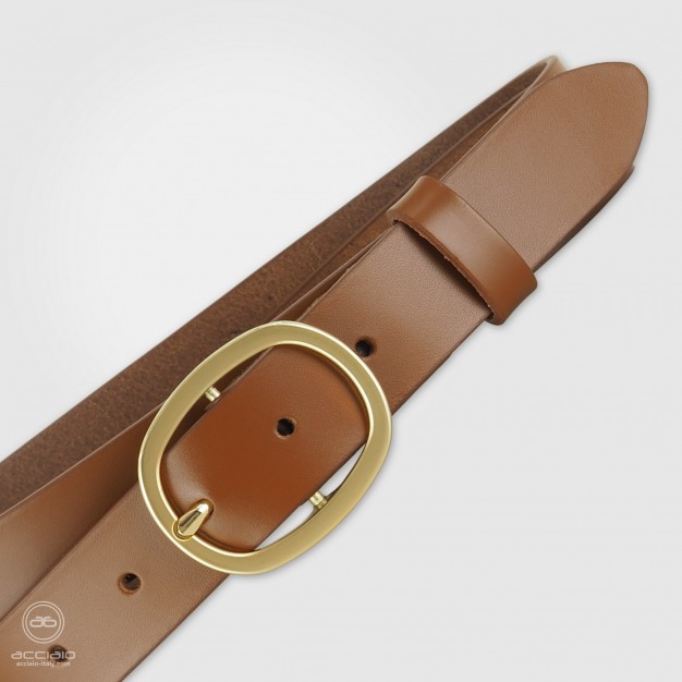 Cintura Cognac donna in cuoio liscio, fibbia Oro ovale
