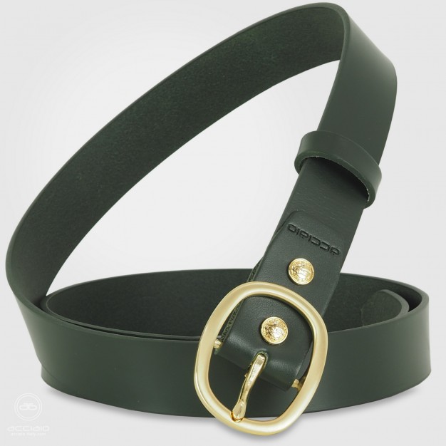 Cintura Verde donna in cuoio liscio, fibbia Oro ovale