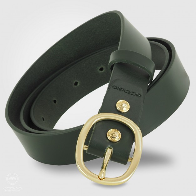 Cintura Verde donna in cuoio liscio, fibbia Oro ovale