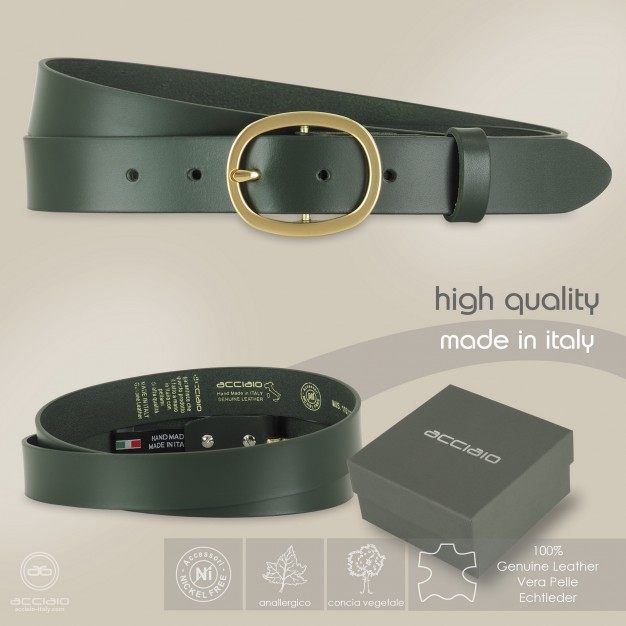 Cintura Verde donna in cuoio liscio, fibbia Oro ovale