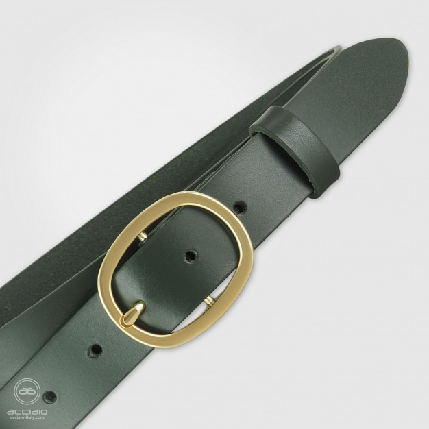 Cintura Verde donna in cuoio liscio, fibbia Oro ovale