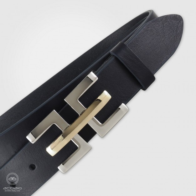 Cintura moda donna in pelle cuoio Blu fibbia Echo