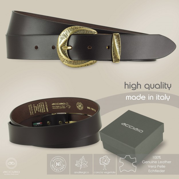 Woman's Brown belt in smooth Leather with brass buckle
