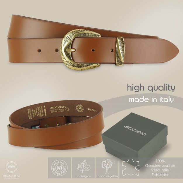 Woman's Cognac belt in smooth Leather with brass buckle