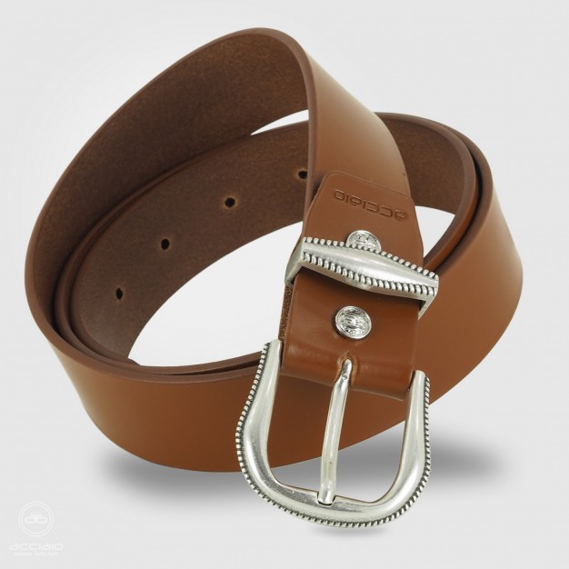 Cintura donna in cuoio liscio Cognac, fibbia Argento america Cintura donna in cuoio liscio Cognac, fibbia Argento america