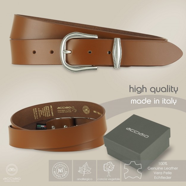 Cintura donna in cuoio liscio Cognac, fibbia Argento america Cintura donna in cuoio liscio Cognac, fibbia Argento america