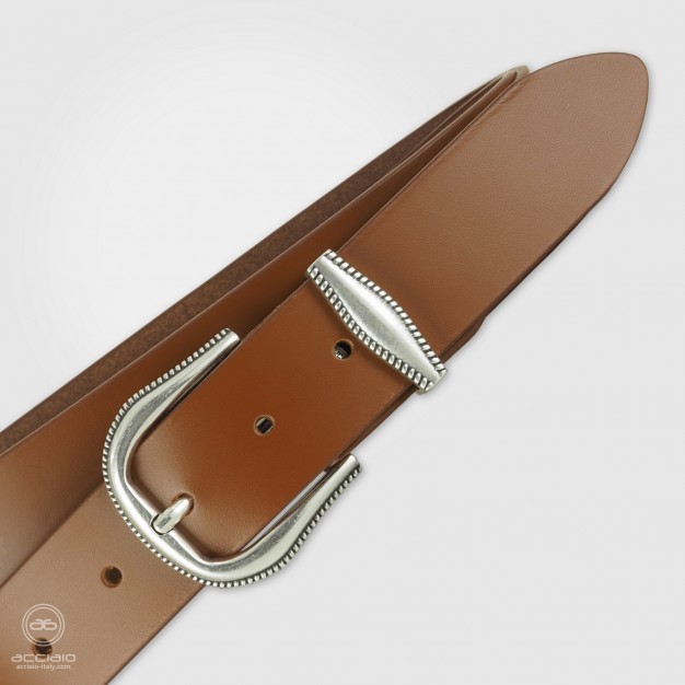 Cintura donna in cuoio liscio Cognac, fibbia Argento america Cintura donna in cuoio liscio Cognac, fibbia Argento america