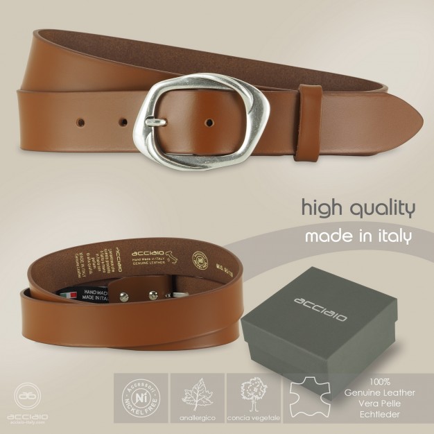 Cintura Cognac donna in cuoio liscio, fibbia Argentata