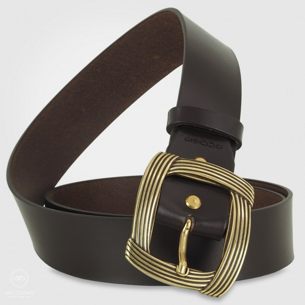 Woman's large belt Brown in smooth Leather with brass buckle