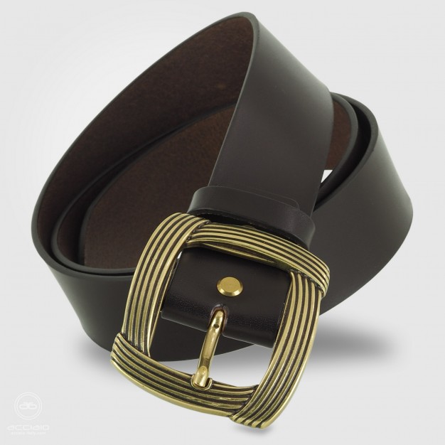 Woman's large belt Brown in smooth Leather with brass buckle