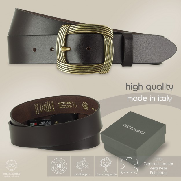 Woman's large belt Brown in smooth Leather with brass buckle