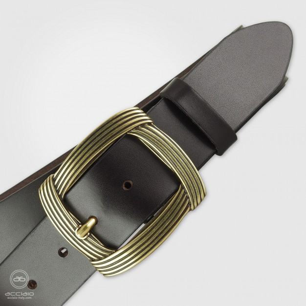 Woman's large belt Brown in smooth Leather with brass buckle