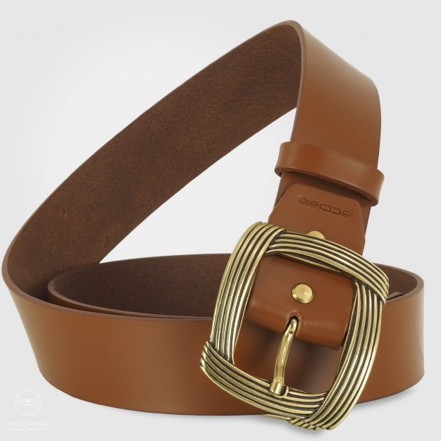 Cintura larga da donna in cuoio liscio Cognac, fibbia Ottone