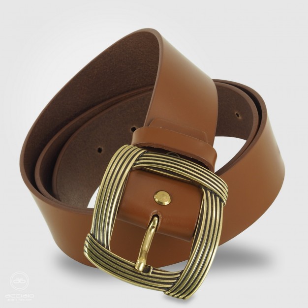 Cintura larga da donna in cuoio liscio Cognac, fibbia Ottone