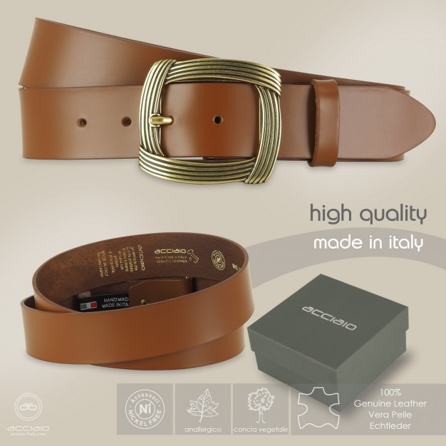 Cintura larga da donna in cuoio liscio Cognac, fibbia Ottone