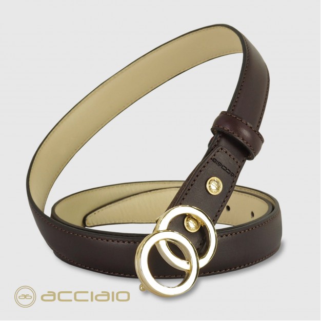 Skinny woman belt Eclipse Gold buckle leather Brown