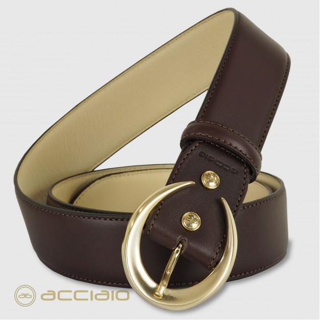 Woman's belt Moon Gold buckle leather Brown