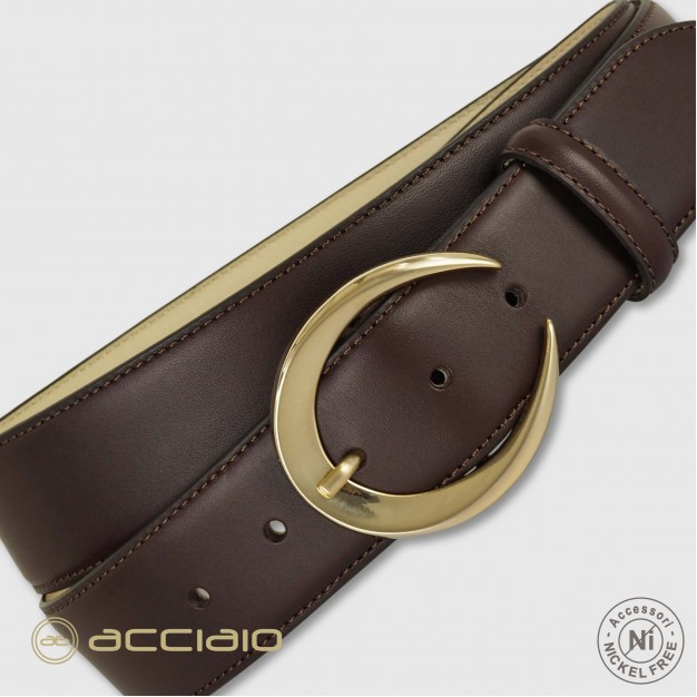 Woman's belt Moon Gold buckle leather Brown