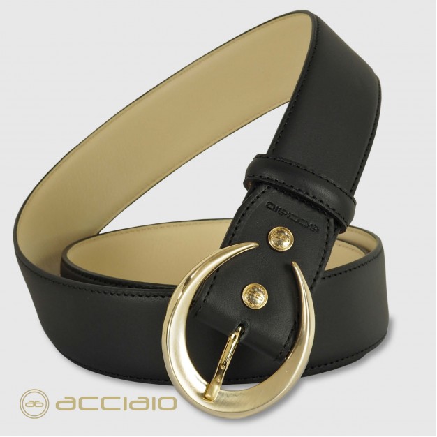 Woman's belt Moon Gold buckle leather Black