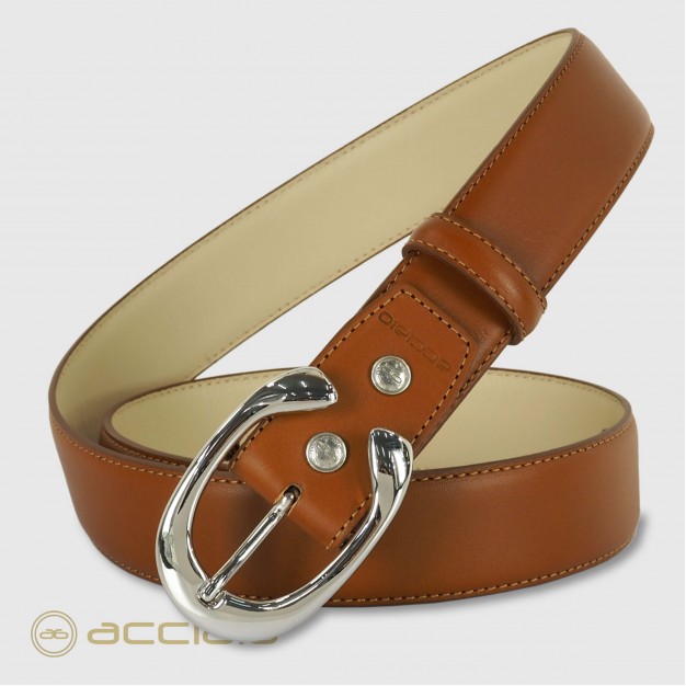 Woman belt Cognac Leather with Aries palladium buckle
