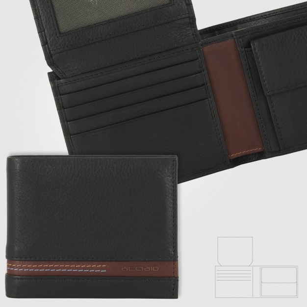 Men's medium wallet in Black/Chestnut leather with coin pocket & flap 