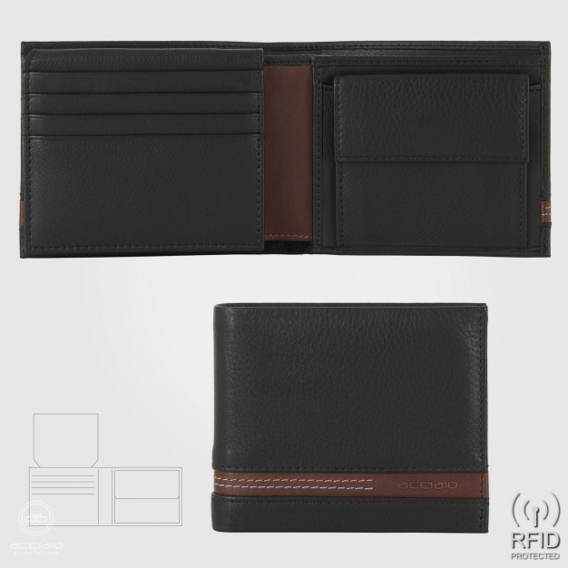 Men's medium wallet in Black/Chestnut leather with coin pocket & flap 