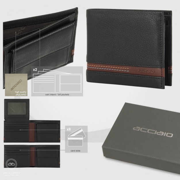 Men's medium wallet in Black/Chestnut leather with coin pocket & flap 