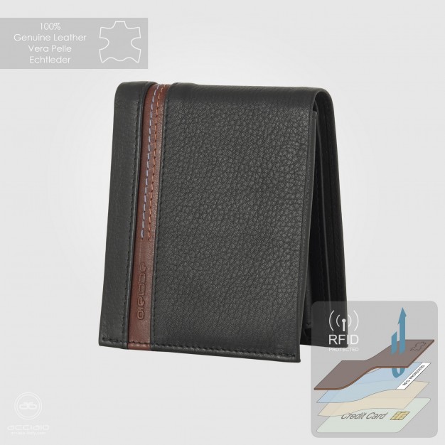 Men's medium wallet in Black/Chestnut leather with coin pocket & flap 