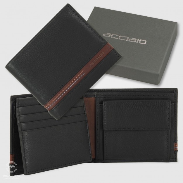 Men's medium wallet in Black/Chestnut leather with coin pocket & flap 