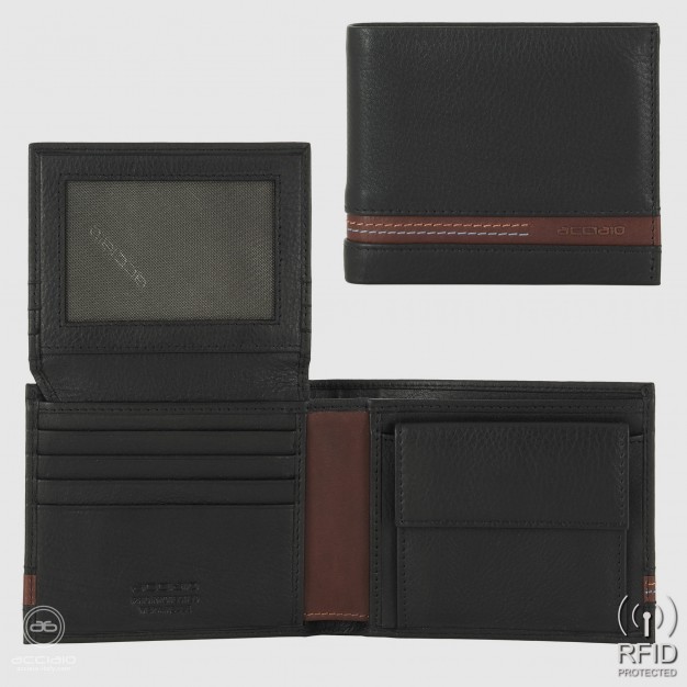 Men's medium wallet in Black/Chestnut leather with coin pocket & flap 