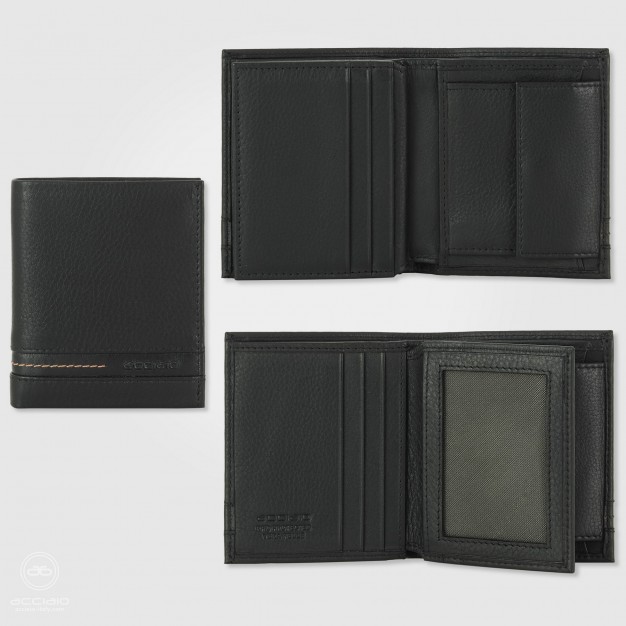 Portafoglio mini da uomo in pelle con portamonete e aletta Nero