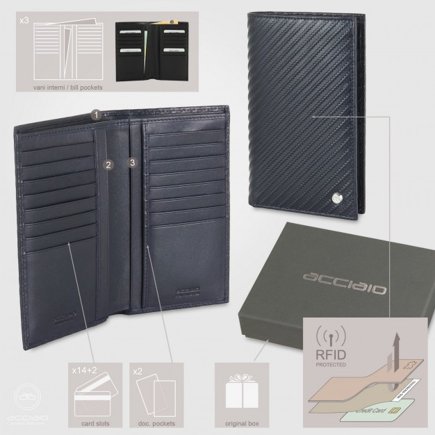 Portafoglio Verticale uomo in pelle Twist Blu, 16 carte credito