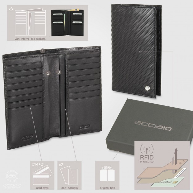 Portafoglio Verticale uomo in pelle Twist Nero, 16 carte credito
