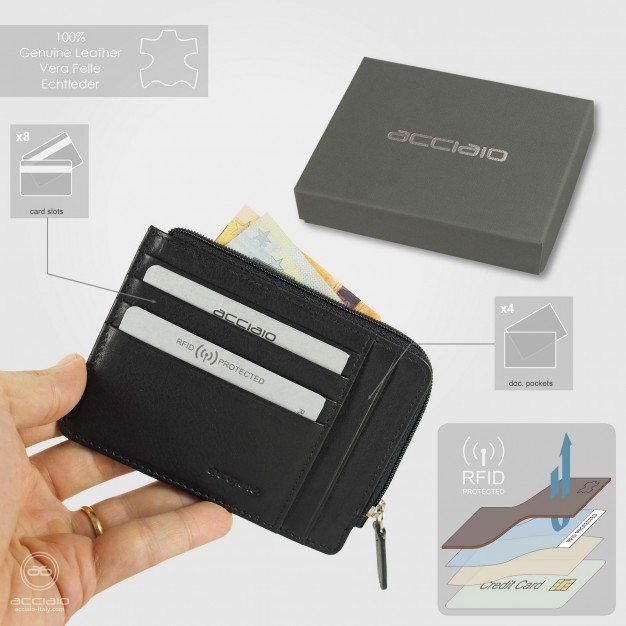 Porta carte di credito in pelle con zip Nero Porta carte di credito in pelle con zip Nero