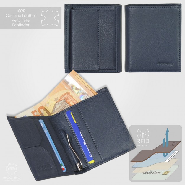 Portafoglio uomo piccolo con fermasoldi clip e portamonete in pelle Blu | Acciaio Portafoglio uomo piccolo con fermasoldi clip e portamonete in pelle Blu