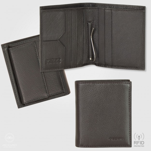 Men's Small Leather Wallet with Money Clip and Coin Pocket Brown/Moka| Acciaio Men's Small Leather Wallet with Money Clip and Coin Pocket Brown/Moka